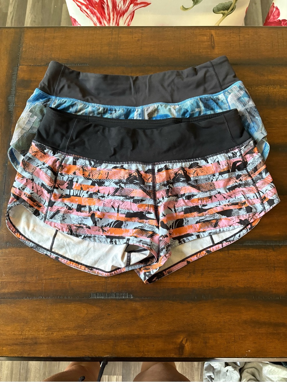 Women's Printed Athletic Shorts - Black Waistband, Multicolor Print